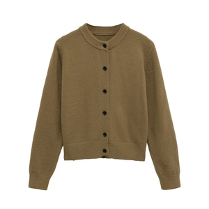 Detail of olive brown knit cardigan showing ribbed neckline and dark buttons