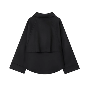 Women street fashion loose black jacket with standing collar and double back layers