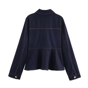 Detailed back view of dark indigo denim jacket with peplum waist and yellow stitching