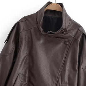 Women's dark brown PU leather jacket with stand collar and diagonal zipper details