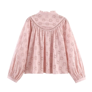 Pink long sleeve shirt with hollow embroidery and ruffle high neck, vintage style for women