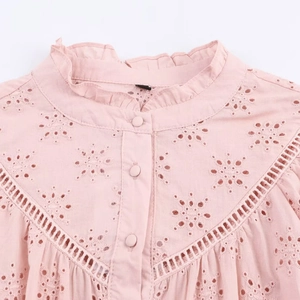 Pink vintage ruffle collar shirt featuring delicate eyelet embroidery and lace detailing