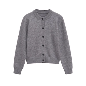 Detail of grey crewneck knit cardigan with brown buttons and ribbed cuffs texture