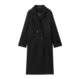 Detail of classic black double-breasted coat featuring peak lapels and flap pockets