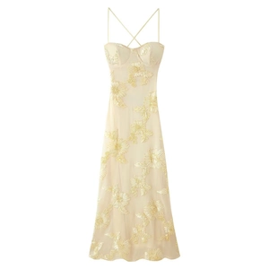 Damen 3D Blumen Bestickt Sling Maxikleid Elegant Netz Fee Spaghetti-Träger Rückenfrei Schlanke Passform Abendparty Langes Kleid