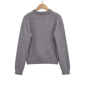 Back view of grey crewneck knit cardigan with ribbed hem and sleeve cuffs