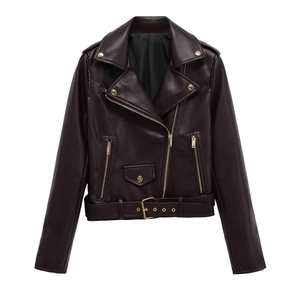 Veste de motard classique en similicuir avec col à revers et ceinture en marron foncé