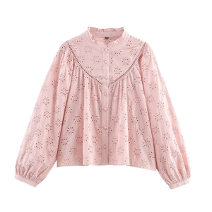 Pink long-sleeve embroidered shirt with high neck and floral hollow-out details