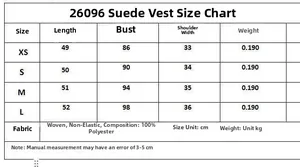 Detailed size chart for the embroidered suede vest with measurements in cm for sizes XS-L