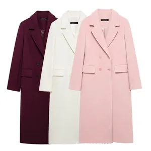Women Mid-length Woolen Coat Double-breasted Notched Lapel Solid Color Outerwear Autumn Winter Casual Streetwear Jacket