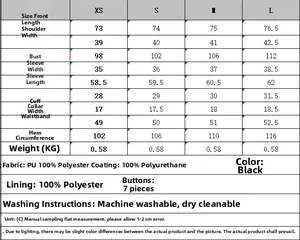 Tableau des tailles pour blazer en similicuir avec mesures XS à L et entretien