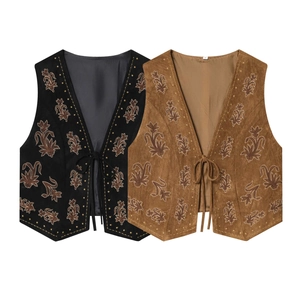 Bohemian Suede Texture Floral Embroidered Vest V Neck Tie Front Sleeveless Waistcoat For Women Vintage Ethnic Style Top
