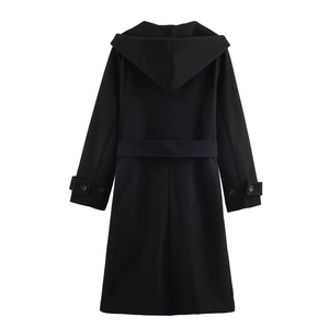 Rear view of black hooded long coat showing the premium wool texture and waist belt