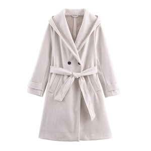 Detail view of hooded wool coat with double-breasted buttons and adjustable waist belt