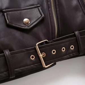 Women's 2025 chic lapel long sleeve PU leather jacket with gold buckles and belt details