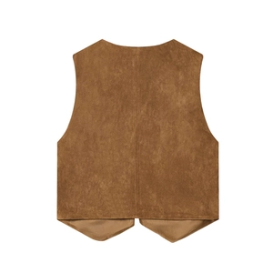 Detailed back view of brown suede vest showing central seam and pointed hemline