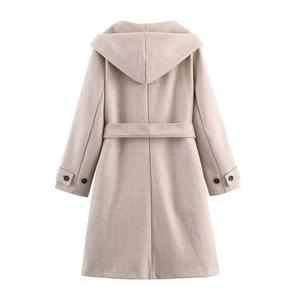 Back view of oatmeal hooded coat featuring a wide hood, waist belt, and cuff details