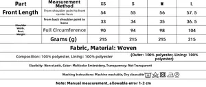 Detailed size guide and fabric specifications for the embroidered open front vest