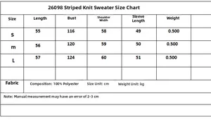 Size chart for striped knit sweater with S-L measurements and fabric weight data