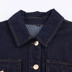 Fashionable dark blue denim jacket featuring classic lapel and metallic button details