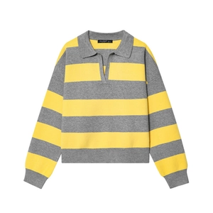 Women's Striped Knitted Polo Shirt Grey Yellow Wide Stripes Long Sleeve V Neck Loose Pullover Sweater Fashion Top