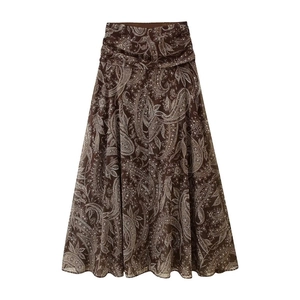 Vintage high waist A-line maxi skirt with brown paisley print in flowy fabric