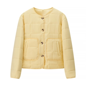 Women Casual Loose Round Neck Quilted Jacket Single Breasted Long Sleeve Pale Yellow Autumn Winter Warm Padded Coat Outwear