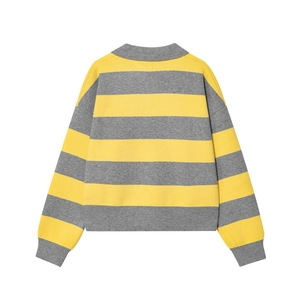 Detail of yellow and grey wide striped knit polo shirt with ribbed cuffs and hem