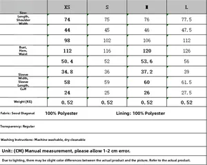 Size chart for women loose blazer including measurements and fabric details in CM
