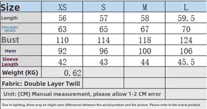 Detailed size chart with measurements for women's casual loose-fit jacket in four sizes