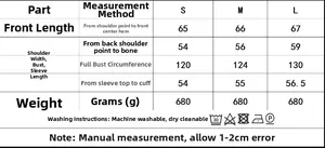 Detailed size chart for short trench coat with belt showing S, M, L measurements in cm