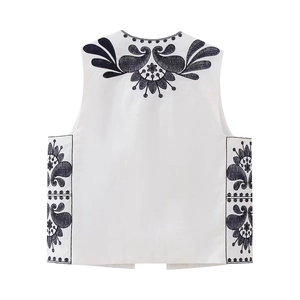 Detail of intricate black ethnic embroidery with paisley patterns on white vest back