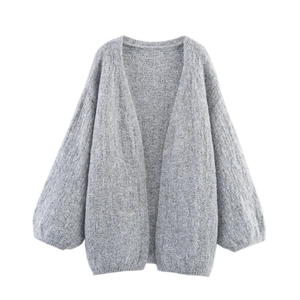 Damen Casual Locker Offene Front Strickjacke Laternenärmel Einfarbig Warm Polyester Pullover Mantel Für Alltag