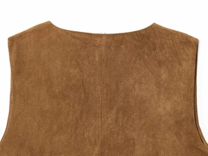 Detail of the back neckline and central stitching on this brown faux suede vest