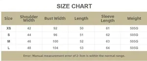 Size chart for long sleeve denim jacket with shoulder and bust measurements in centimeters