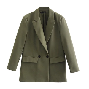 Detail of military green double-breasted blazer with notched lapels and flap pockets