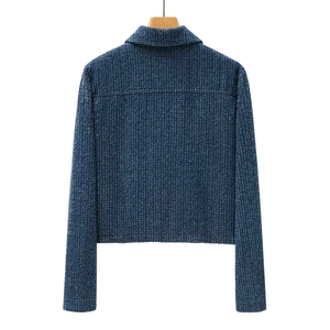 Rear view of deep blue tweed jacket featuring textured weave and classic tailored cut