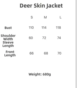 Size chart with measurements for the suede jacket showing chest, sleeve and length details
