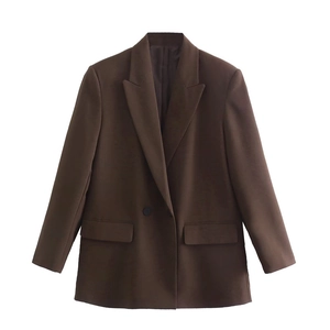 Detail of a brown blazer featuring notched lapels, single button closure, and flap pockets