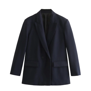 Close-up detail of navy blue blazer with notch lapels, flap pockets, and single button