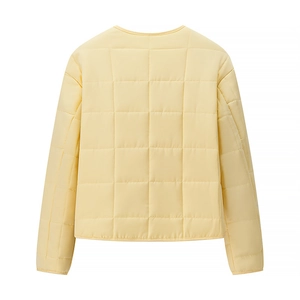 Women casual loose long sleeve quilted jacket with round neck and button closure in beige