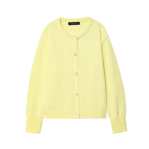 Women's minimalist crewneck knit cardigan in light yellow with white pearl buttons