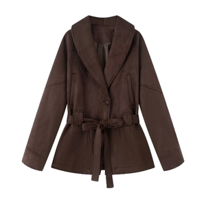 Brown suede belted waist jacket with notched lapel and sleek pockets for women