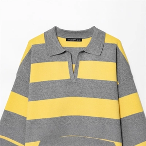 Women's yellow and grey striped long sleeve polo knit sweater with V-neckline