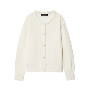 Minimalist cream white crewneck knit cardigan with shell gloss buttons and ribbed texture