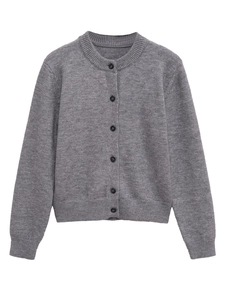 Classic grey crewneck knit cardigan with black buttons in a minimalist autumn style