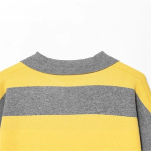 Casual knit polo shirt with yellow and grey horizontal stripes and ribbed crew neck