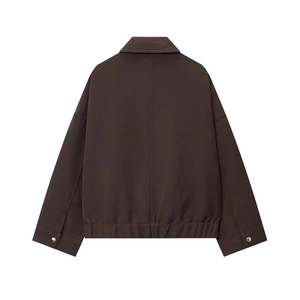 Deep brown canvas jacket with turn-down collar and elastic back hem in a flat lay view