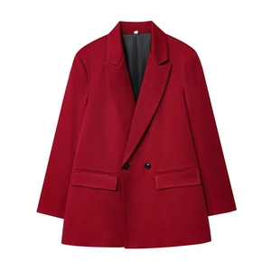 Women's dark red double-breasted blazer with peaked lapels and a relaxed, casual fit
