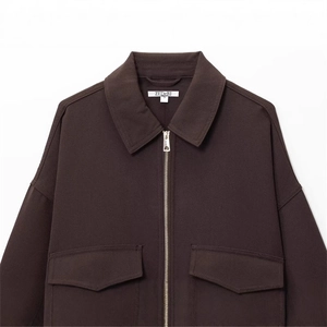 Women's autumn casual loose jacket in dark brown with front zipper and flap pockets